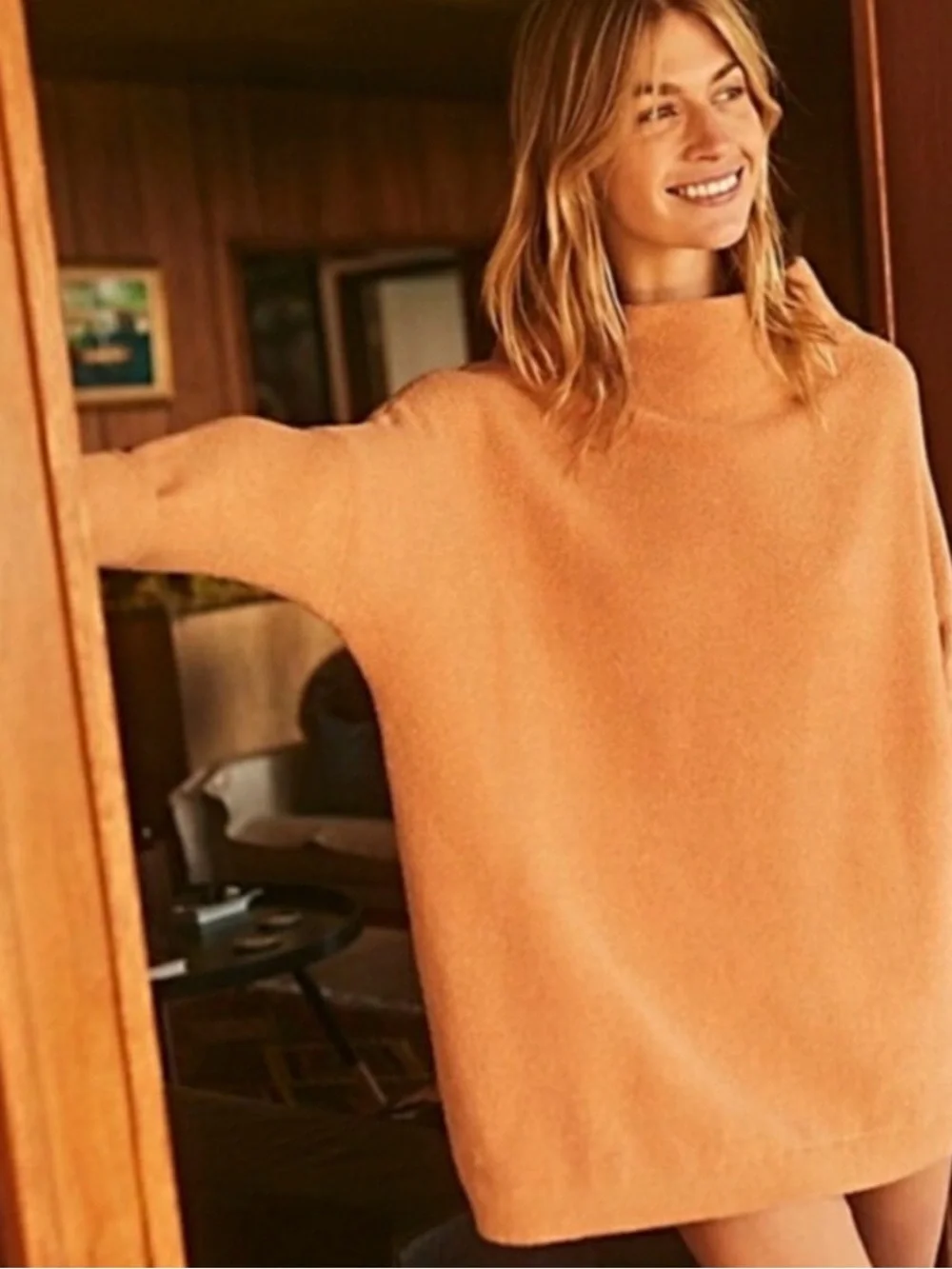 Free People Ottoman Slouchy Tunic Mock Neck Sweater M Apricot Orange Oversize